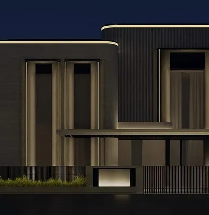 A lighting visualization for a contemporary home, showcasing how strategically placed linear lights can define different volumes of the structure. The design creates a sophisticated and minimalist aesthetic.