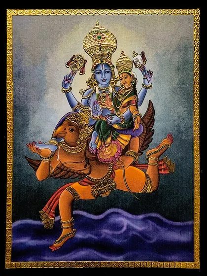 An unframed view of the Vishnu Lakshmi canvas painting. This allows you to see the texture of the canvas and the way the gold foil work is integrated into the painted surface, creating a unique visual effect.