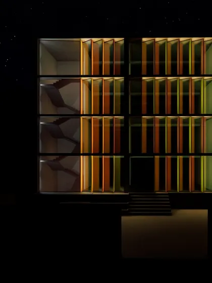 A facade study exploring patterns of colored fins for an urban building. This rendering tests how the composition of colors works at night.