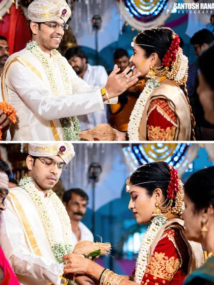 A diptych of tender and traditional moments between the bride and groom during their wedding ceremony.