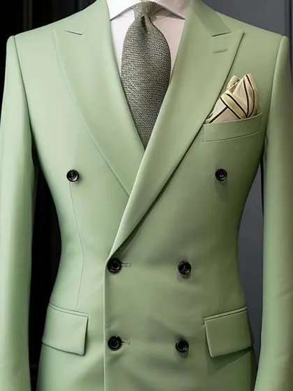 A double-breasted suit in a unique pastel green color. It's a very modern and fashion-forward choice for formal events.