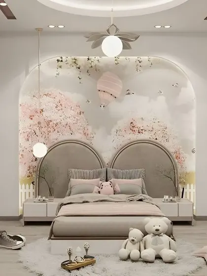 A dreamy and enchanting bedroom with a large, arched mural of a fantasy sky behind the bed. The soft colors and plush textures make this a magical space for a child.