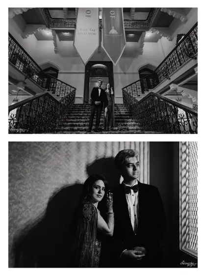A dramatic black and white collage of the couple, using shadows and architecture for a moody, high-fashion feel.