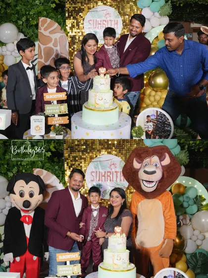 Happy moments from Sukrith's jungle party, showing the cake cutting and photos with Mickey Mouse and a lion mascot.