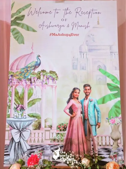 A straight-on shot of the beautiful, personalized welcome sign for the wedding reception, showcasing the detailed illustration and custom calligraphy.
