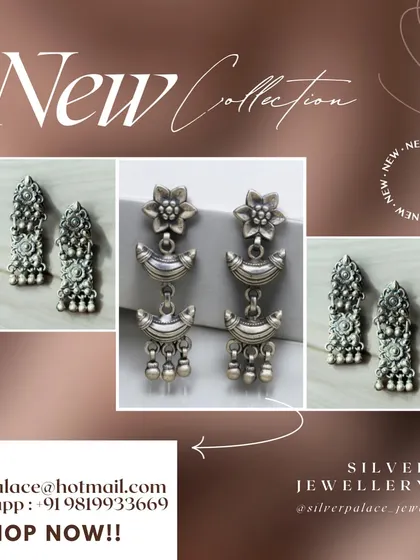 A graphic showcasing our newly arrived stunning silver oxidised earrings. The collage features two different styles of danglers.