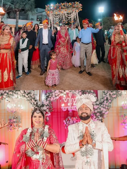 The bride's grand entry with her family and the couple's moment on stage are captured here. We focus on the collective celebration, showing the union of two families.