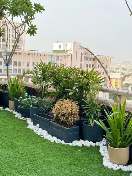 A simple yet elegant balcony setup. We used a row of modern planters with varied plants against a backdrop of artificial turf and white pebbles to create a clean and green urban garden with a city view.