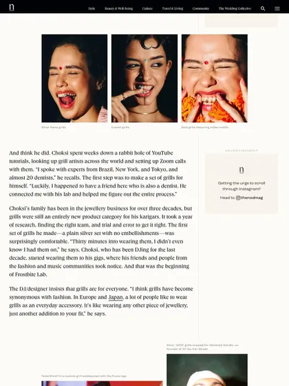 A screenshot from The Nod Magazine article, showing different styles of our custom grillz on a model. The article details my process, from learning on YouTube to connecting with a dentist to get the perfect fit.
