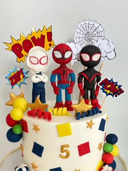 Spidey senses tingling! This Spidey and His Amazing Friends cake for Kunjyadan’s 5th birthday features hand-modeled characters of Spidey, Ghost-Spider, and Spin.