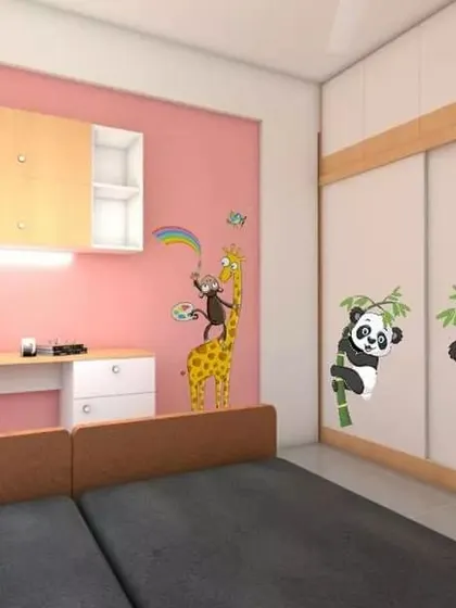 A fun and functional kids' bedroom design for United Blossoms, with playful panda decals on the sliding wardrobe and a compact study area.
