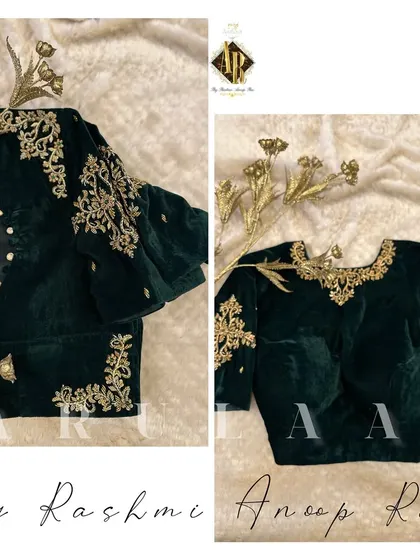A rich bottle green velvet blouse with elegant zardosi embroidery on the neckline and sleeves. Velvet is a great choice for winter weddings and evening functions.