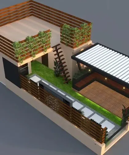 An isometric view of the Rohini terrace proposal. This render provides a clear overview of the entire layout, including the upper and lower levels.