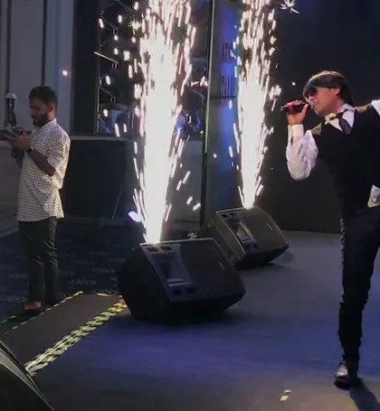 My entry on stage for the Tata Steel show, complete with cold pyro effects. We know how to make a grand entrance.