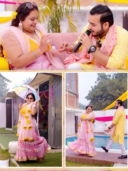 A collage from a vibrant Haldi ceremony, showing the groom singing to the bride and the couple's playful interactions.