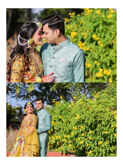 This collage captures the couple's loving interactions during their Haldi ceremony. The natural outdoor light and lush green background create a fresh and romantic atmosphere.