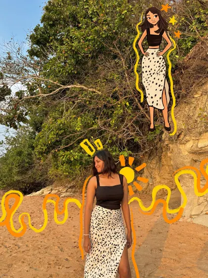 A beachy look with a dalmatian print skirt, paired with a sunny cartoon drawing of the same outfit. Perfect for your vacation photo dump.