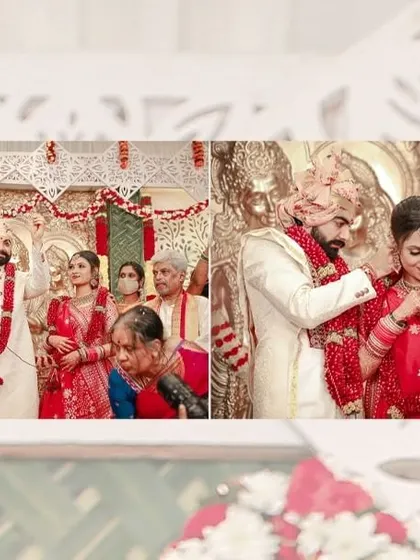 A panoramic shot capturing the lively and emotional moments of the wedding ceremony, with family blessings and couple interactions.