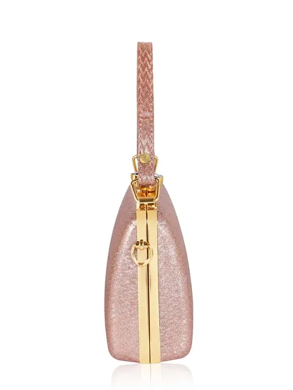 A side profile of the pink clutch, showing its slim and elegant form factor.