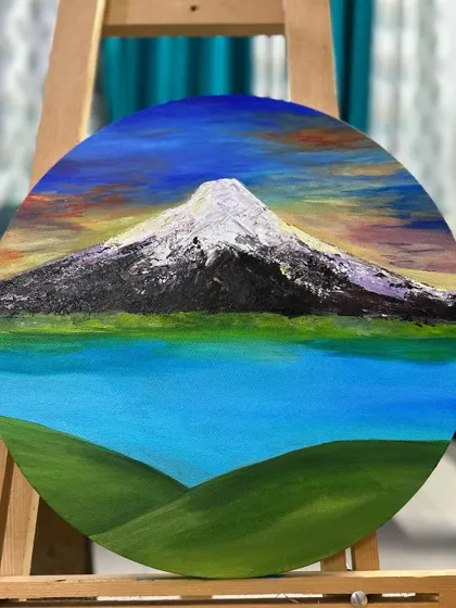 This is the Mt. Fuji painting after adding more depth to the sky and mountain. A fun fact: I started this piece two years ago and recently felt called to finish it with a fresh perspective.