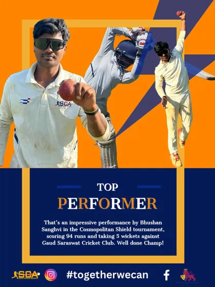 A spectacular all-round performance by Bhushan Sanghvi, scoring 94 runs and taking 5 wickets in the same Cosmopolitan Shield tournament.