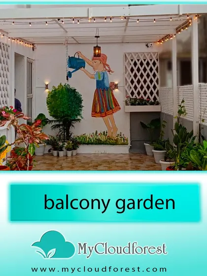 Art and nature come together in this creative balcony garden. A whimsical wall mural of a girl watering a plant becomes the centerpiece, complemented by colorful potted plants and warm string lights. This design shows how we can infuse your personality and artistic taste into your garden.