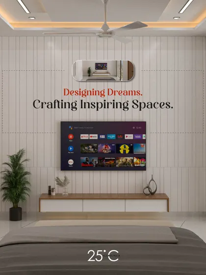 A minimalist bedroom design focused on clean lines and tranquility. The entertainment wall features subtle vertical grooves and a simple floating console, creating an uncluttered and peaceful environment for relaxation.
