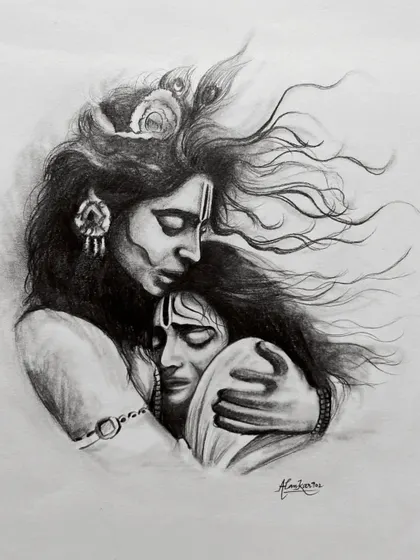 The full view of the Radha Krishna embrace sketch. I used charcoal to create the soft, flowing hair and the intense emotion on their faces.