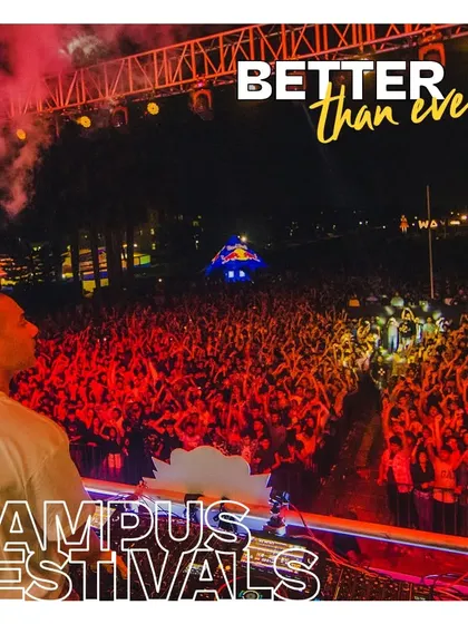 Better than ever. A DJ looks out at a massive audience under red lights, with the iconic Red Bull tour bus visible.