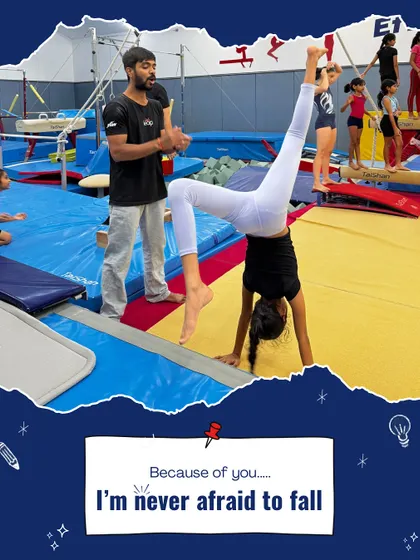 "Because of you, I'm never afraid to fall." Knowing a coach is there to spot them safely gives gymnasts the confidence to attempt difficult skills without fear, accelerating their learning.