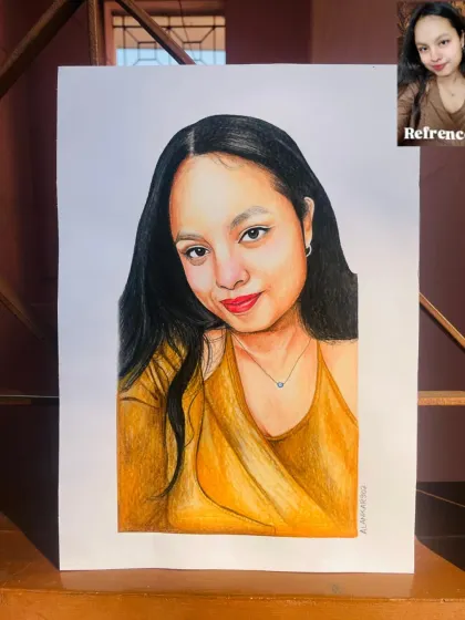 Another angle of this custom color portrait, showing the reference photo on the phone. It helps to see how I translate a digital image into a handmade piece of art.