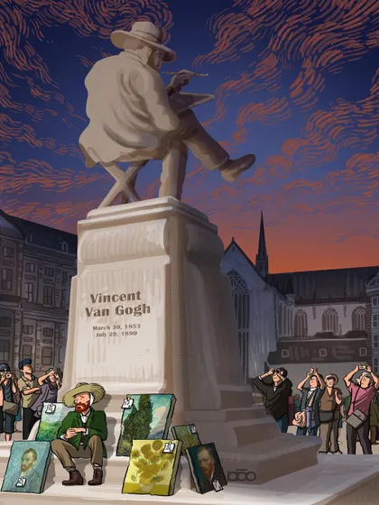 The artist sits selling his paintings at the foot of his own massive, celebrated statue. While tourists gaze up at the monument, they ignore the living creator, a poignant statement on how society often celebrates art while neglecting the artist.