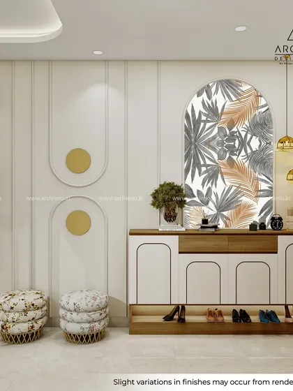 A stylish and functional foyer unit with integrated shoe storage and seating. The tropical-themed arch window and decorative wall panels make a stunning first impression.