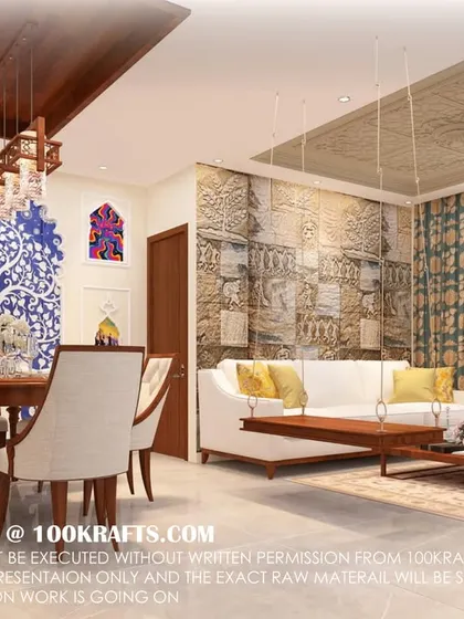 This open-plan living and dining room is a masterpiece of royal tradition, with a wooden swing, intricate wall art, and classic furniture.