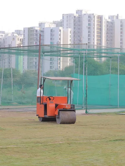 We take pitch preparation seriously. Here is our pitch roller, which we use regularly to maintain a hard, true surface for competitive cricket matches.