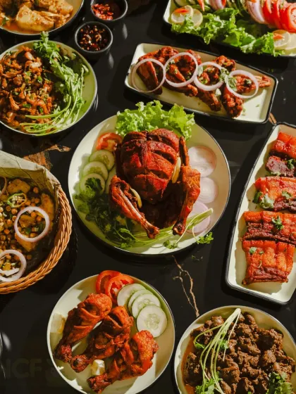 Another angle of my non-veg party spread, showing the variety of textures and colors. From crispy fried chicken to saucy pork, there's something for everyone.