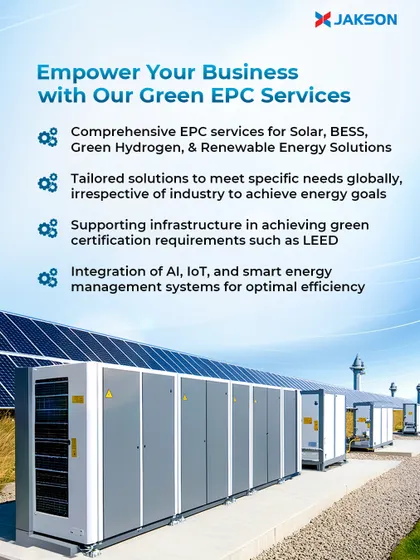 Our Green EPC services are designed to empower your business with sustainable and efficient energy. This image of a Battery Energy Storage System (BESS) alongside a solar array represents our comprehensive solutions for solar, BESS, and green hydrogen projects.