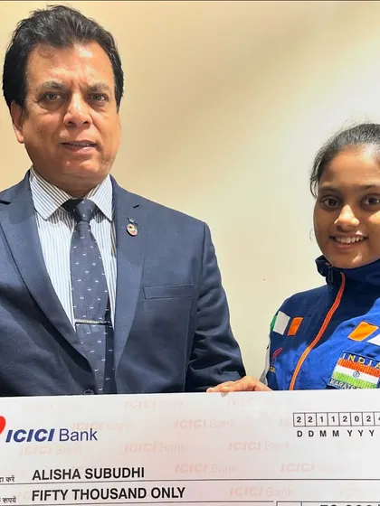 Presenting a cheque of Rs. 50,000 to Ms. Alisha Subuddhi for her bronze medal at the Asian Karate Championships. We recognize and reward the hard work of our athletes.