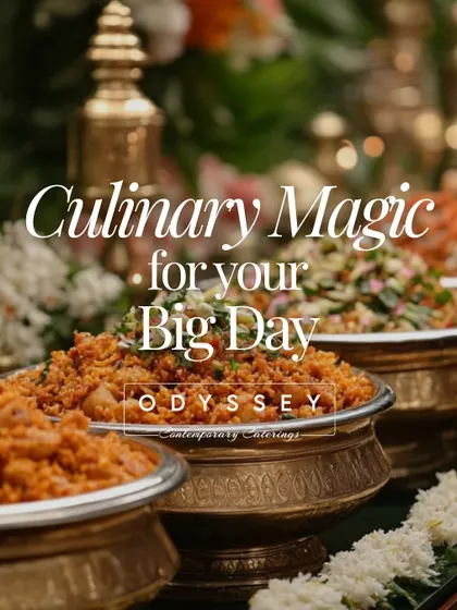 Culinary magic for your big day. Our buffet spreads feature a variety of dishes served in traditional brass bowls, adding a touch of cultural elegance to your wedding feast.
