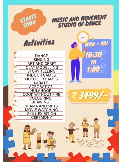 Our flyer for the Kids Summer Camp 2023, packed with activities like dance, art, craft, drama, and more.