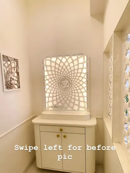 This is a custom-designed pooja unit that combines tradition with modern aesthetics. The unit features an intricate backlit "Om" mandala panel, providing a serene focal point, with a functional cabinet for storage below.