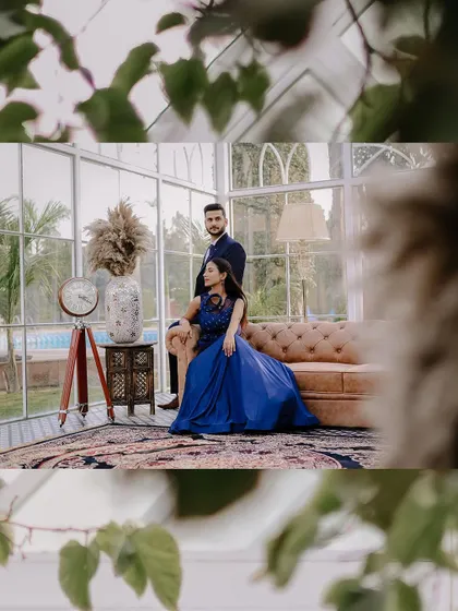 An intimate portrait inside a glasshouse, using natural light and creative framing for a soft, romantic feel.