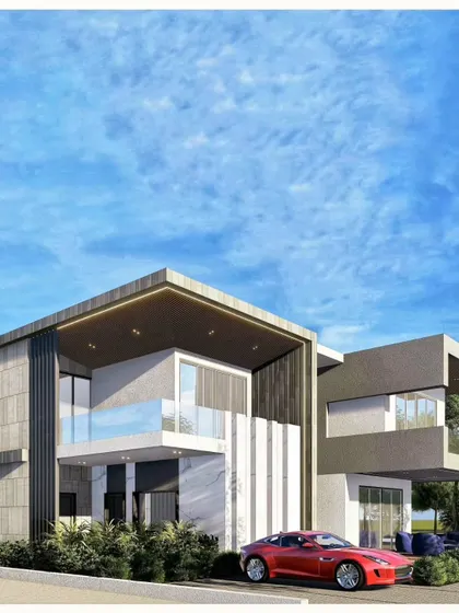 A wider perspective of the minimal grand villa, showing how different volumes and materials interact. The design creates distinct zones while maintaining a cohesive and elegant architectural language.