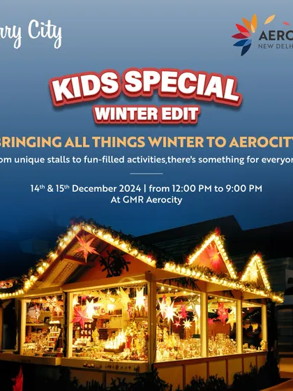 A beautiful shot of our Kids Special Winter Edit market at night. The twinkling lights and festive stalls create an enchanting atmosphere for holiday shopping.
