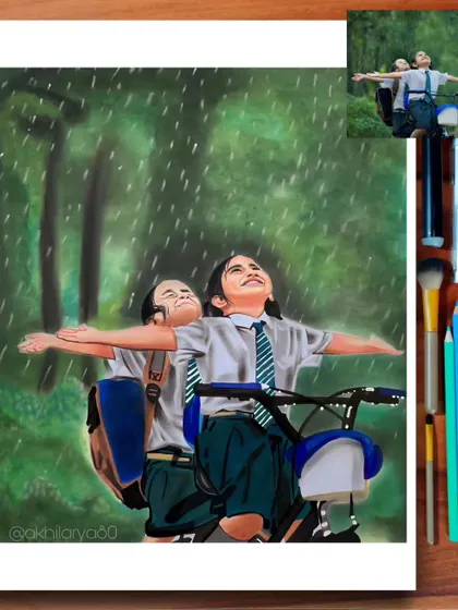 A magical moment of two children enjoying the rain, captured in an A3 colored pencil drawing. This piece tells a story and evokes the pure joy of childhood.