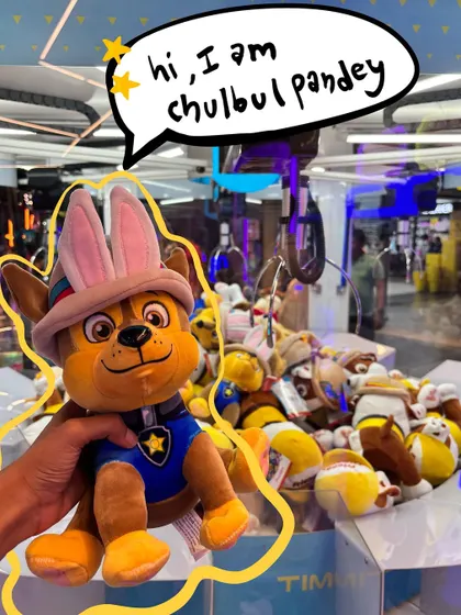 Hi, I am Chulbul Pandey. A cute plushie I won from a claw machine gets a fun speech bubble.