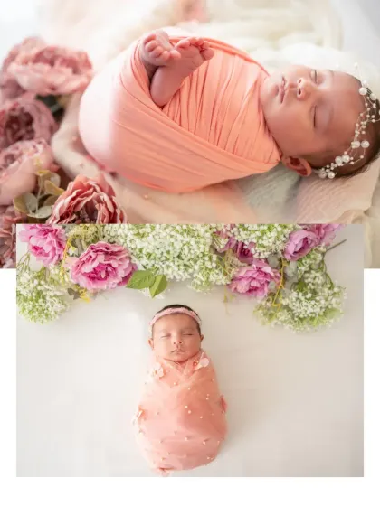 This collage shows two different poses from a newborn session, one close-up on the baby's face and another full-body shot, both with a soft pink floral theme.