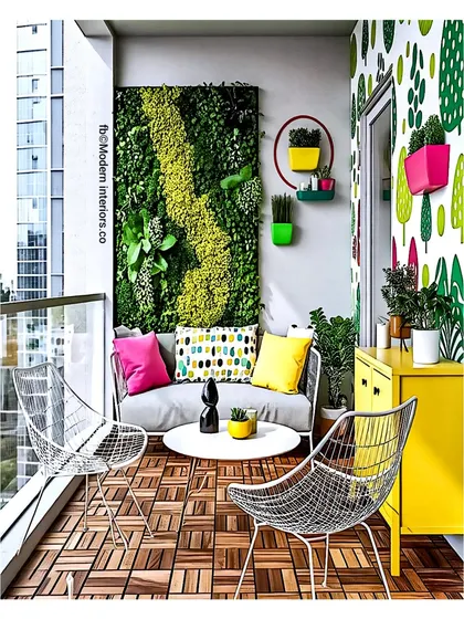 Color can be used in bold, graphic ways. This balcony features a funky patterned wallpaper, a bright yellow cabinet, and colorful cushions. The design is balanced by a textured green wall and modern wireframe chairs.