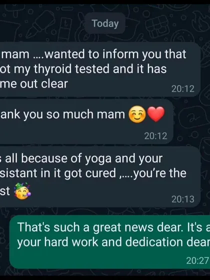 A wonderful message from a student whose thyroid test came out clear. She credits her recovery to the consistent practice of yoga and the guidance she received in class.