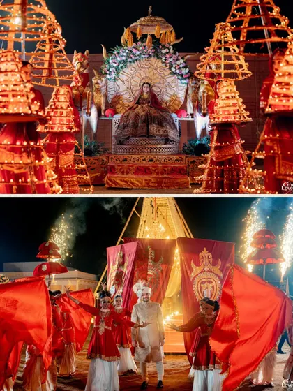 A dramatic bride and groom entry at their Jaipur palace wedding, complete with traditional dancers and fire sparklers.